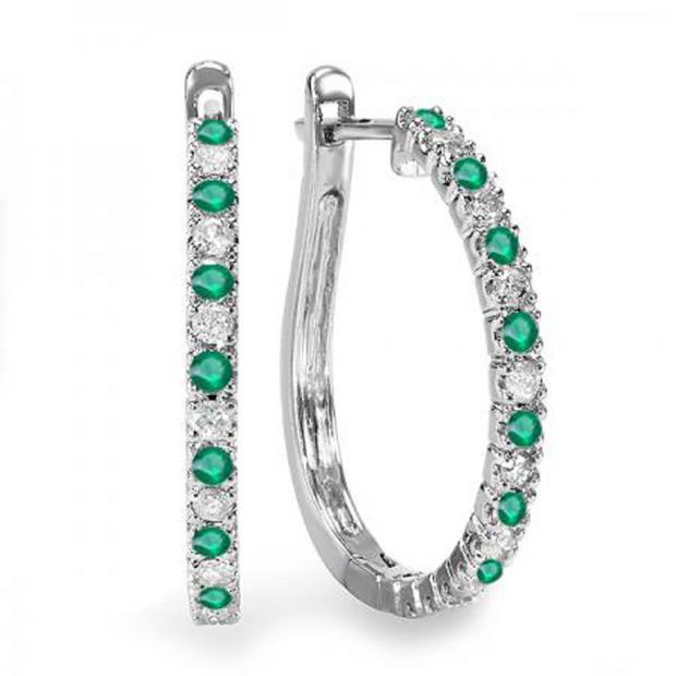 0.50 Carat (ctw) 14k White Gold Round Green Emerald And White Diamond Ladies Hoop Earrings 1/2 CT