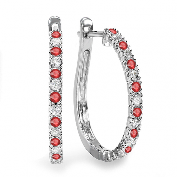 0.50 Carat (ctw) 10k White Gold Round Ruby And White Diamond Ladies Hoop Earrings 1/2 CT