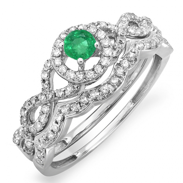 0.60 Carat (ctw) 14k White Gold Round Green Emerald & White Diamond Ladies Halo Style Bridal Engagement Ring Matching Band Set