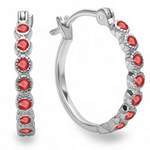 0.25 Carat (ctw) 18K White Gold Round Ruby Ladies Fine Dainty Hoop Earrings 1/4 CT