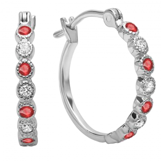 0.25 Carat (ctw) 10K White Gold Round White Diamond & Ruby Ladies Fine Dainty Hoop Earrings 1/4 CT