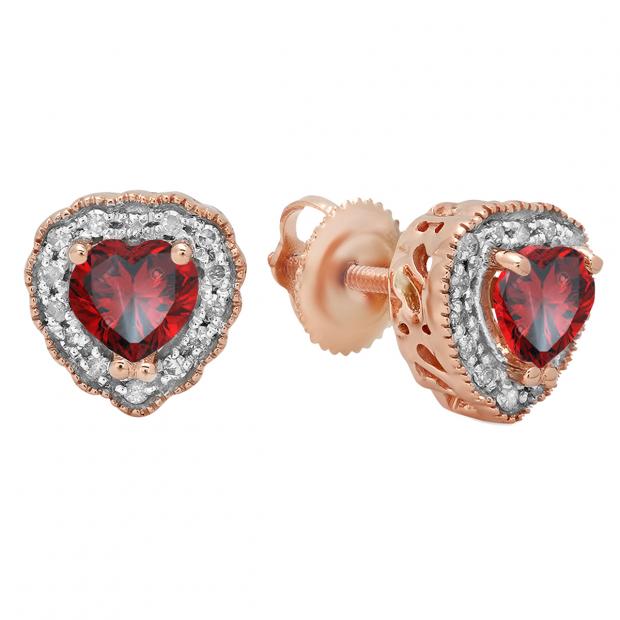 5 mm Heart Garnet & Round White Diamond Ladies Halo Stud Earrings  10K Rose Gold