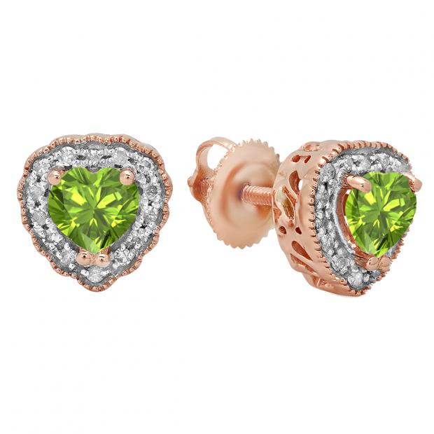 5 mm Heart Peridot & Round White Diamond Ladies Halo Stud Earrings  10K Rose Gold