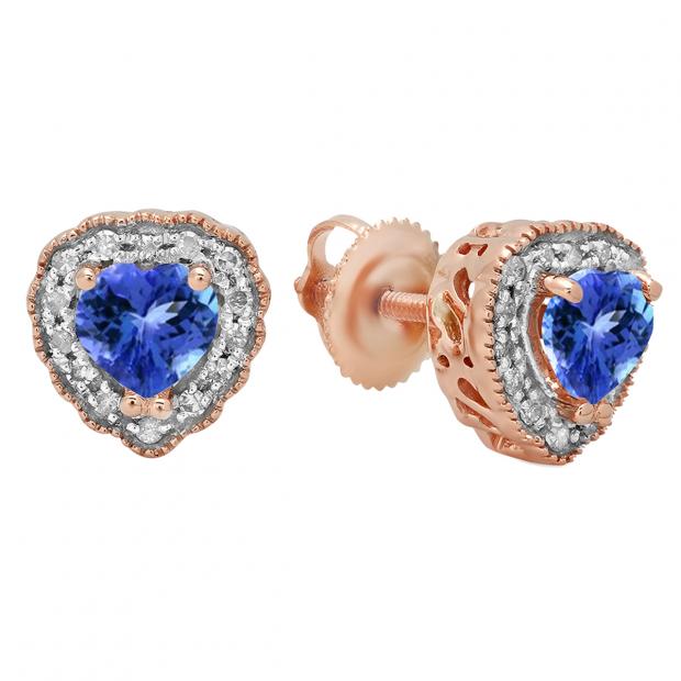 5 mm Heart Tanzanite & Round White Diamond Ladies Halo Stud Earrings  10K Rose Gold
