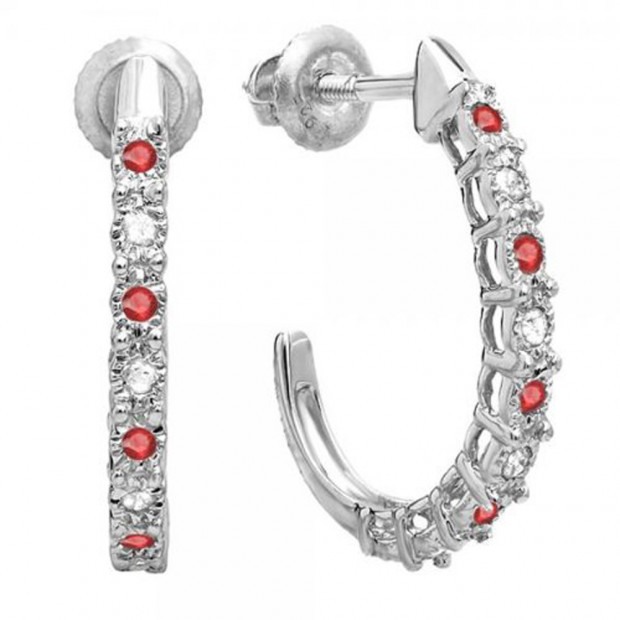 0.25 Carat (ctw) Sterling Silver Round Ruby & White Diamond Ladies Hoop Earrings 1/4 CT
