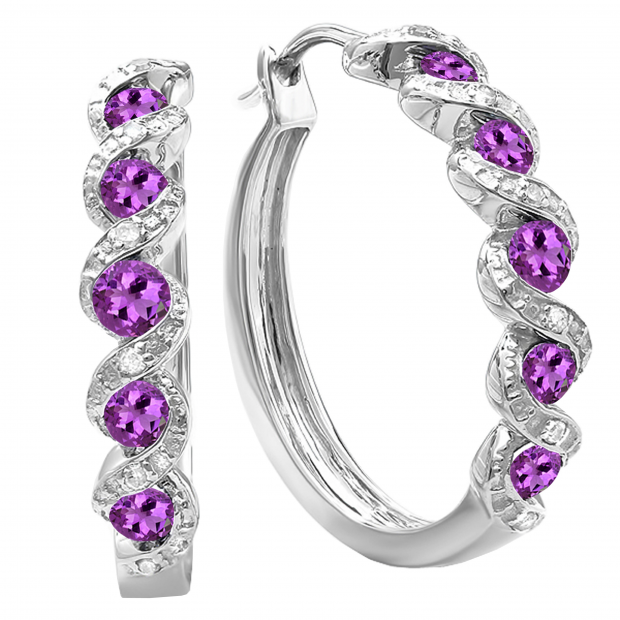 Round Amethyst & White Diamond Swirl Style Criss Cross Hoop Earrings for Women in 925 Sterling Silver