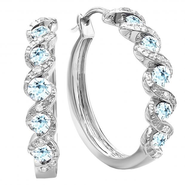 Round Aquamarine & White Diamond Swirl Style Criss Cross Hoop Earrings for Women in 925 Sterling Silver