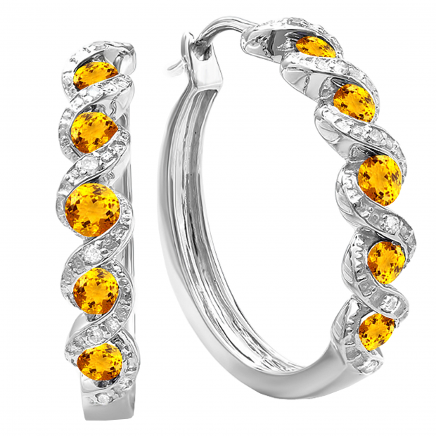 Round Citrine & White Diamond Swirl Style Criss Cross Hoop Earrings for Women in 925 Sterling Silver