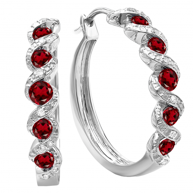 0.86 Carat (ctw) Round Garnet & White Diamond Hoop Earrings | Sterling Silver