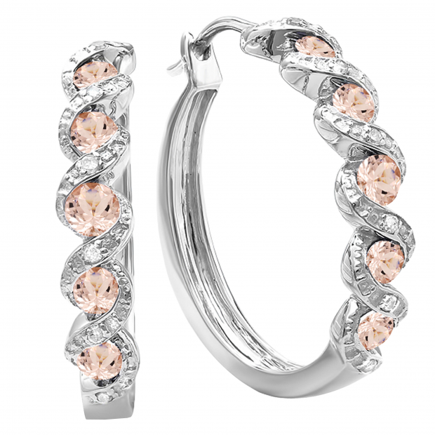 Round Morganite & White Diamond Swirl Style Criss Cross Hoop Earrings for Women in 925 Sterling Silver