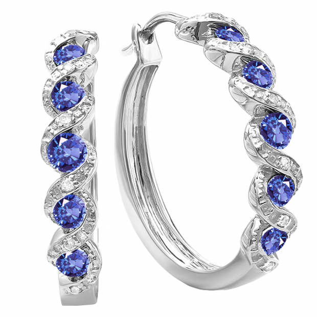 Round Tanzanite & White Diamond Swirl Style Criss Cross Hoop Earrings for Women in 925 Sterling Silver