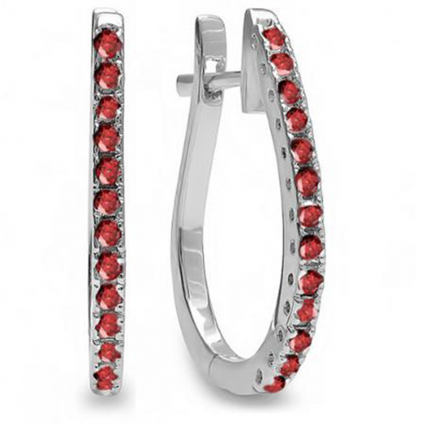 0.25 Carat (ctw) 10K White Gold Round Ruby Ladies Hoop Earrings 1/4 CT