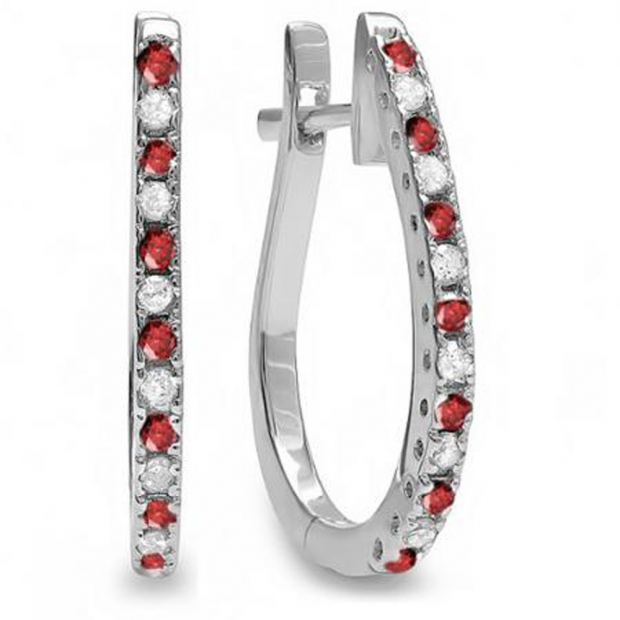 0.25 Carat (ctw) 10K White Gold Round Ruby & White Diamond Ladies Hoop Earrings 1/4 CT