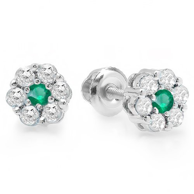 0.40 Carat (ctw) 14K White Gold Round Cut White Diamond & Green Emerald Ladies Cluster Flower Stud Earrings