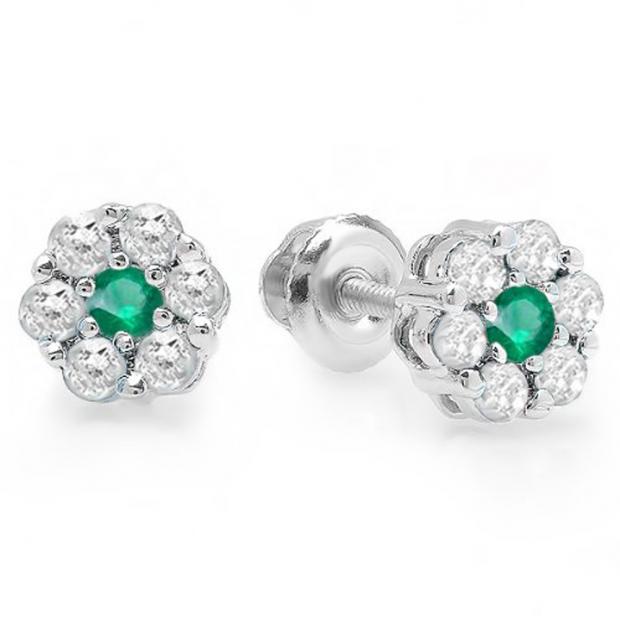 0.40 Carat (ctw) 10K White Gold Round Cut White Diamond & Green Emerald Ladies Cluster Flower Stud Earrings