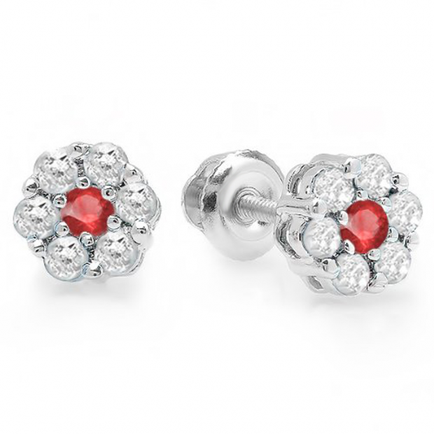 0.40 Carat (ctw) 10K White Gold Round Cut White Diamond & Ruby Ladies Cluster Flower Stud Earrings