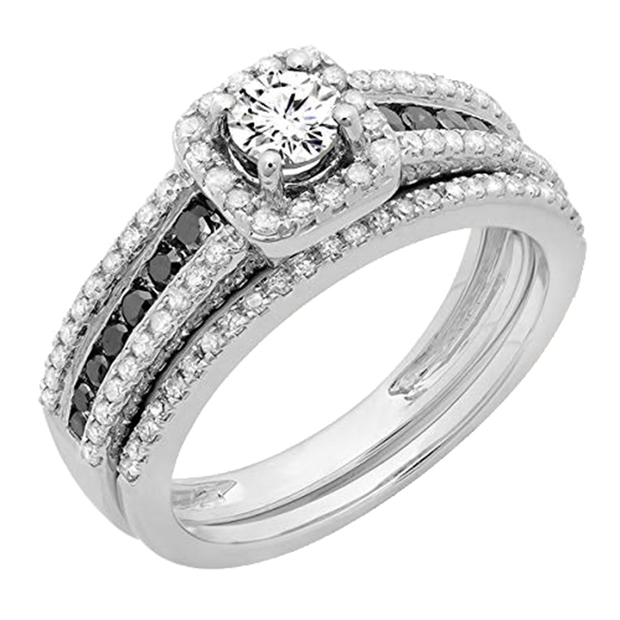 1.15 Carat (ctw) 14K White Gold Round White & Black Diamond Ladies Halo Style Bridal Engagement Ring With Matching Band Set