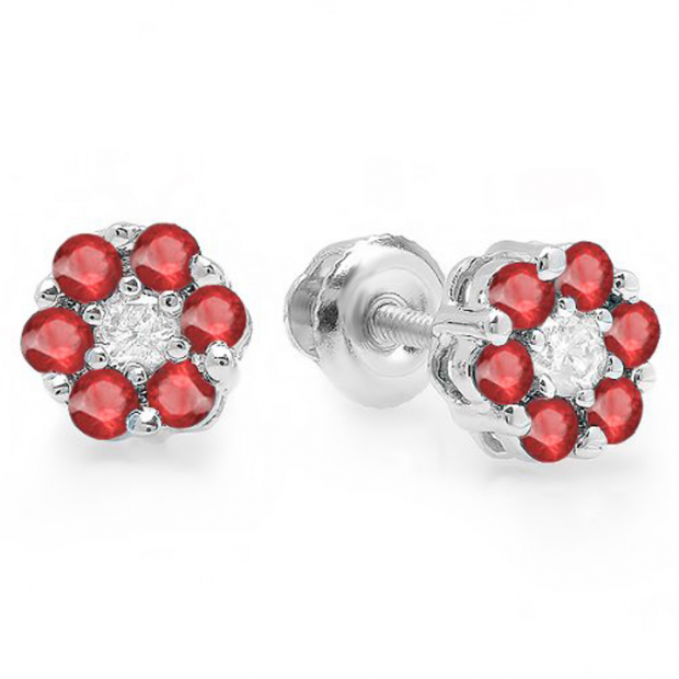 0.40 Carat (ctw) 10K White Gold Round Cut White Diamond & Ruby Ladies Cluster Flower Stud Earrings