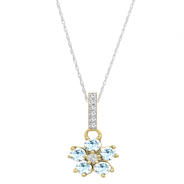 Round Aquamarine & Diamond Ladies Cluster Flower Pendant (Silver Chain Included), 10K Yellow Gold