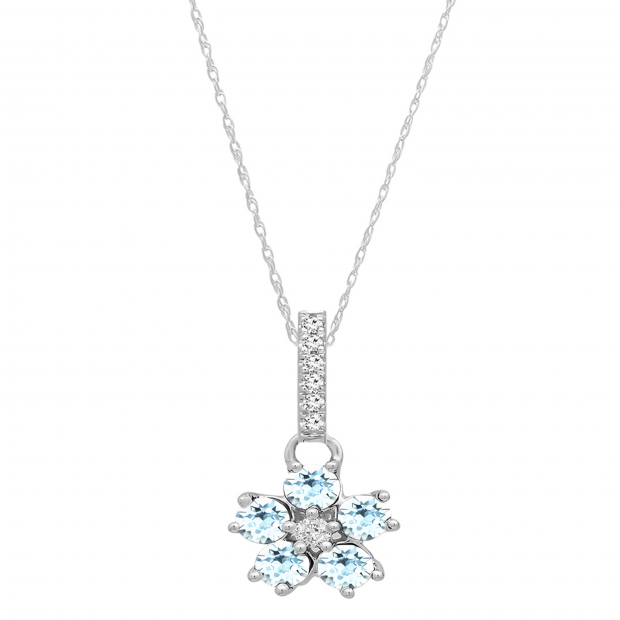 Round Aquamarine & Diamond Ladies Cluster Flower Pendant (Silver Chain Included), 14K White Gold