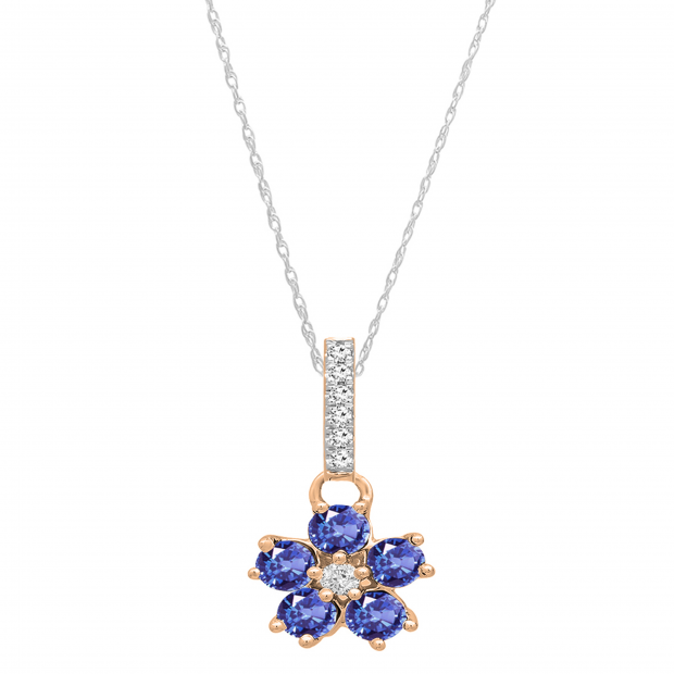 Round Tanzanite & Diamond Ladies Cluster Flower Pendant (Silver Chain Included), 10K Rose Gold