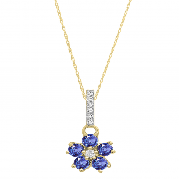 Round Tanzanite & Diamond Ladies Cluster Flower Pendant (Gold Chain Included), 10K Yellow Gold
