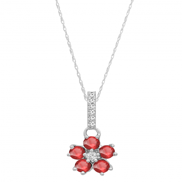 Round Ruby & Diamond Ladies Cluster Flower Pendant (Silver Chain Included), 18K White Gold