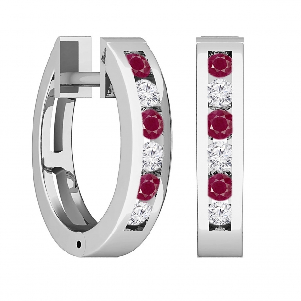 0.36 Carat (ctw) 18k White Gold Round White Diamond & Ruby Ladies Huggie Hoop Earrings 1/3 CT