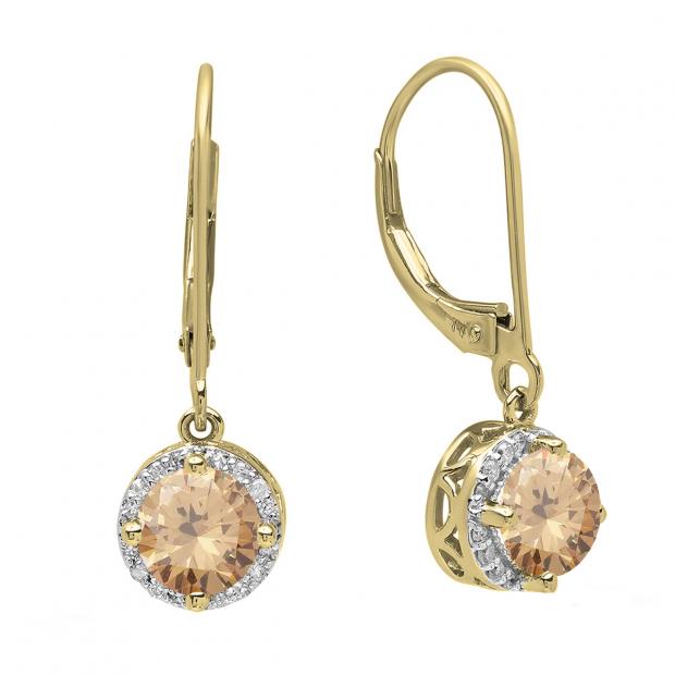 14K Yellow Gold 5 MM Each Round Champagne & White Diamond Ladies Halo Style Dangling Drop Earrings