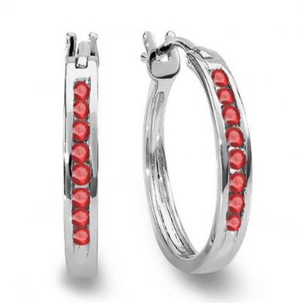 0.20 Carat (ctw) 10K White Gold Round Ruby Ladies Fine Hoop Earrings 1/5 CT