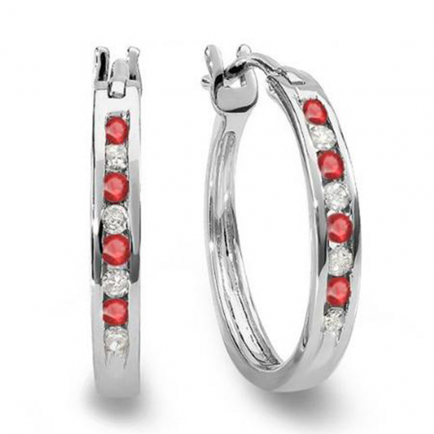 0.20 Carat (ctw) 10K White Gold Round White Diamond & Ruby Ladies Fine Hoop Earrings 1/5 CT