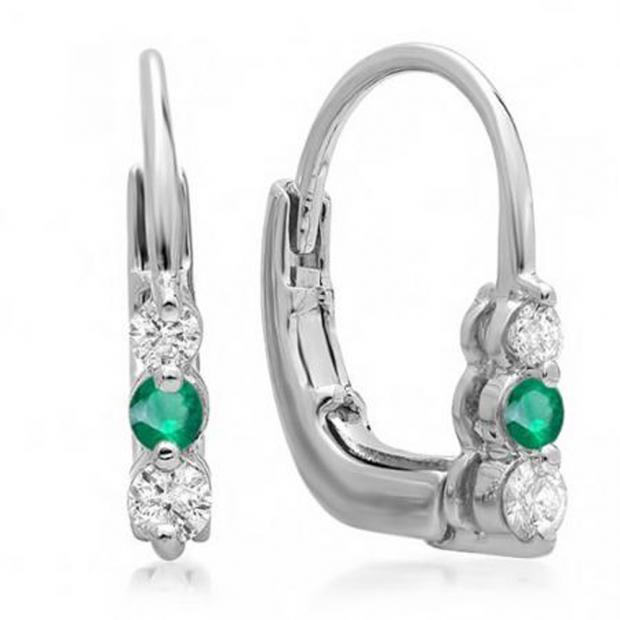 0.25 Carat (ctw) 10K White Gold Round White Diamond And Green Emerald Ladies 3 Stone Hoop Earrings 1/4 CT