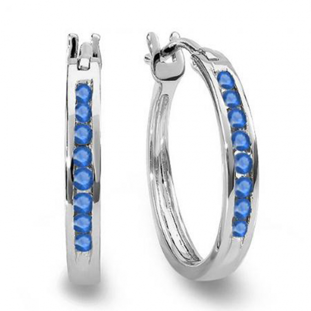 0.20 Carat (ctw) 14K White Gold Round Blue Sapphire Ladies Fine Hoop Earrings 1/5 CT