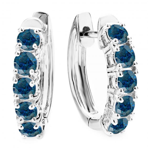 1.00 Carat (ctw) Round Blue Diamond Ladies Huggies Hoop Earrings 1 CT 14K White Gold