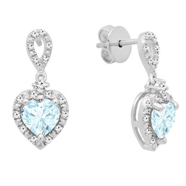 6 mm Each Heart Aquamarine & Round White Diamond Ladies Drop Dangle Earrings Sterling Silver