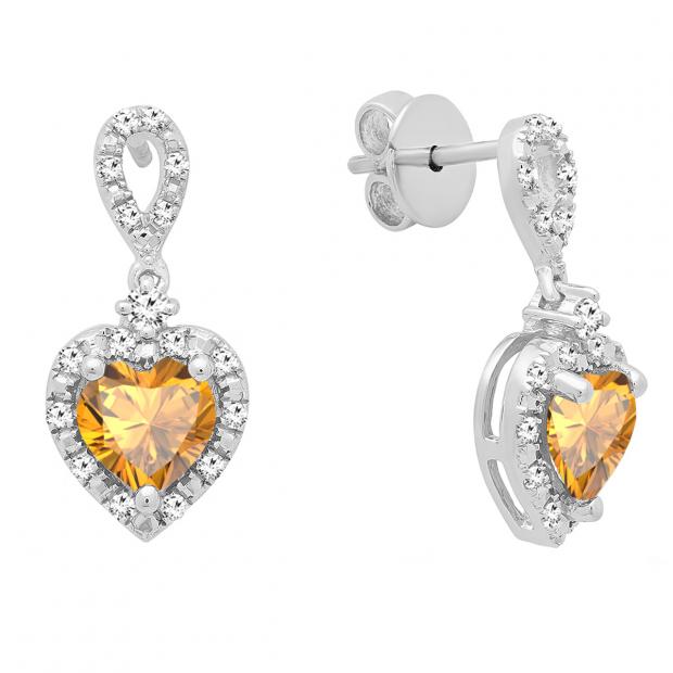 6 mm Each Heart Citrine & Round White Diamond Ladies Drop Dangle Earrings Sterling Silver