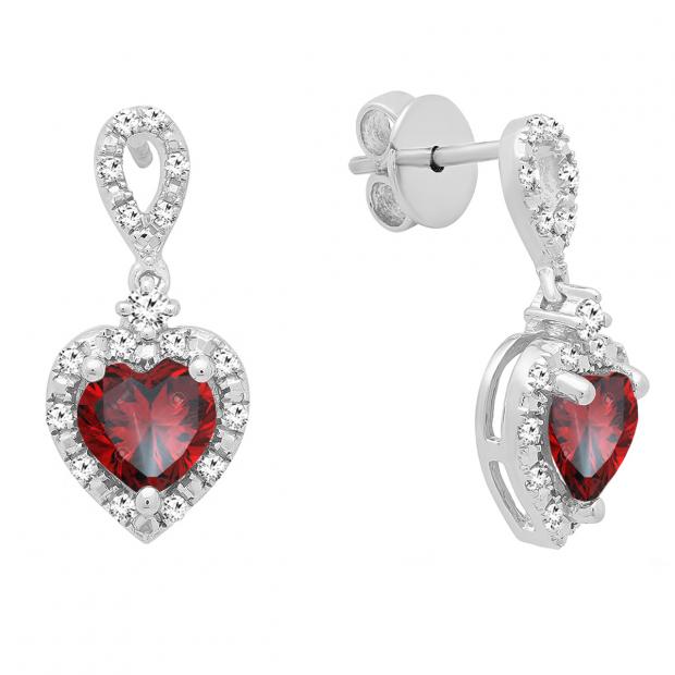 6 mm Each Heart Garnet & Round White Diamond Ladies Drop Dangle Earrings Sterling Silver