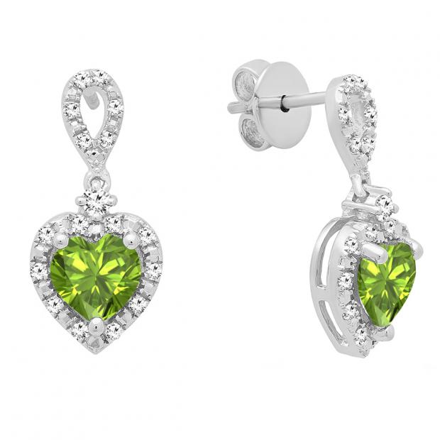 6 mm Each Heart Peridot & Round White Diamond Ladies Drop Dangle Earrings Sterling Silver