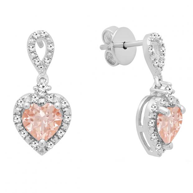 6 mm Each Heart Morganite & Round White Diamond Ladies Drop Dangle Earrings Sterling Silver