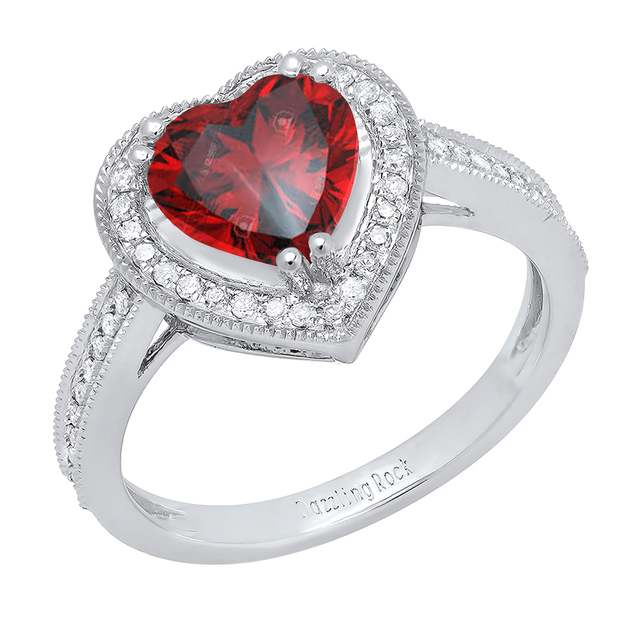 8 MM Heart Garnet & Round White Diamond Bridal Halo Engagement Band Ring 18KW White  Gold