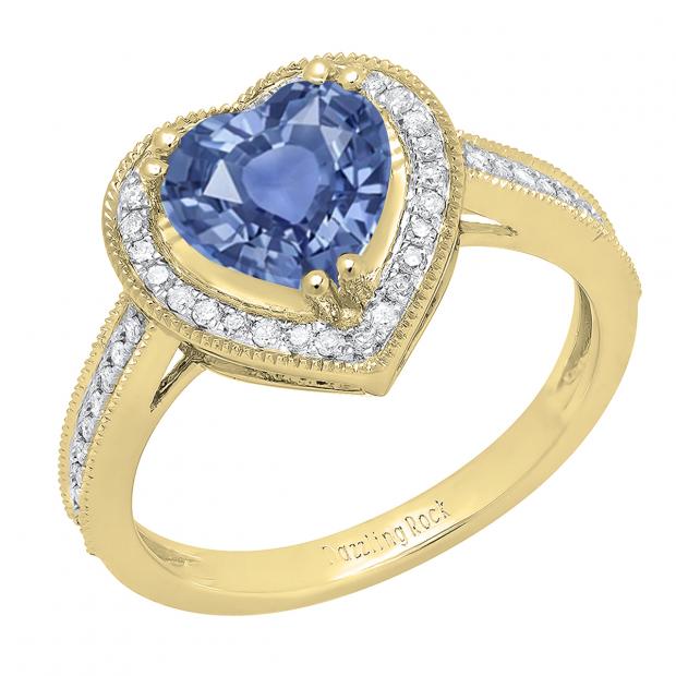8 MM Heart Tanzanite & Round White Diamond Bridal Halo Engagement Band Ring 14K Yellow Gold