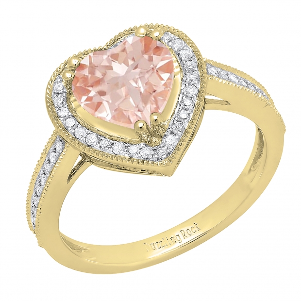8 MM Heart Morganite & Round White Diamond Bridal Halo Engagement Band Ring 14K Yellow Gold