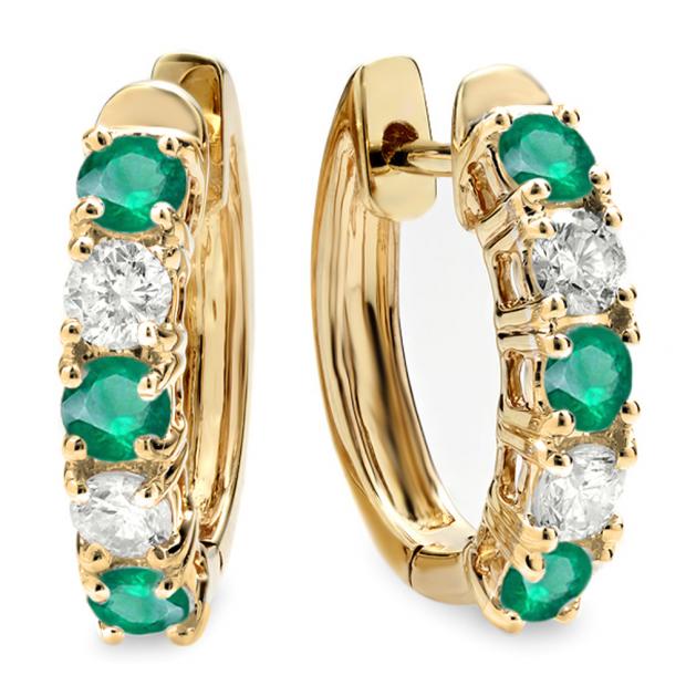 1.00 Carat (ctw) 14K Yellow Gold Round Green Emerald & White Diamond Ladies Huggies Hoop Earrings 1 CT
