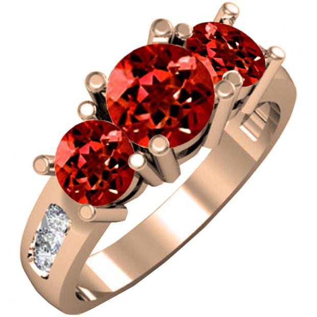 14K Rose Gold Round Garnet & White Diamond Ladies 3 Stone Engagement Bridal Ring