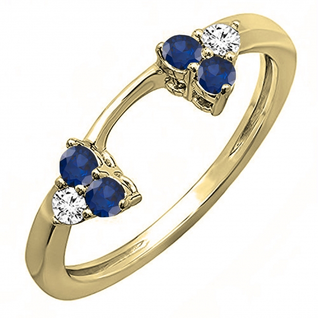 14K Yellow Gold Round Blue Sapphire & White Diamond Ladies Wedding Ring Matching Guard Band