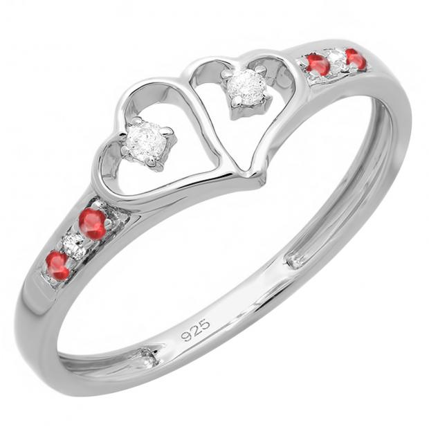 0.15 Carat (ctw) Sterling Silver Round White Diamond And Ruby Ladies Promise Double Heart Love Engagement Ring