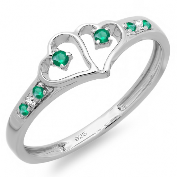 0.15 Carat (ctw) Sterling Silver Round White Diamond And Green Emerald Ladies Promise Double Heart Love Engagement Ring
