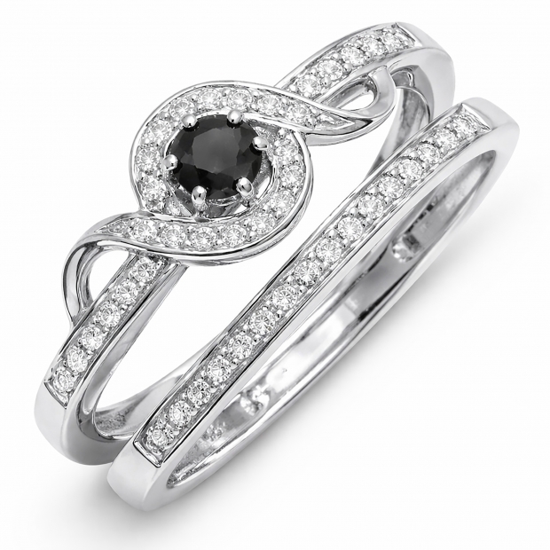 0.25 Carat (ctw) Sterling Silver Round White And Black Diamond Ladies Bridal Promise Ring Set Matching Band 1/4 CT