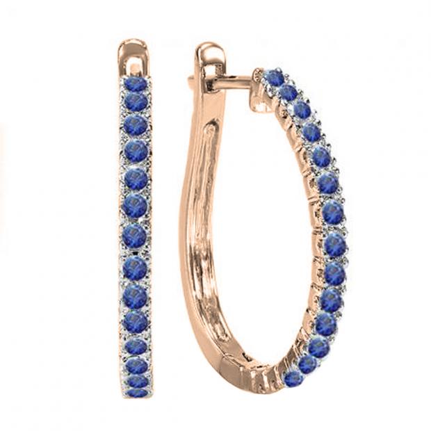 0.48 Carat (ctw) 14K Rose Gold Round Blue Sapphire Ladies Hoop Earrings 1/2 CT