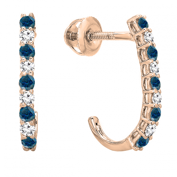 0.38 Carat (ctw) 14K Rose Gold Round Blue & White Diamond Ladies Fancy J Shaped Hoop Earrings